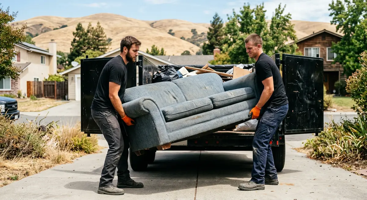 No Junk Left Behind crew loading an old sofa into a dump trailer in a Contra Costa driveway
